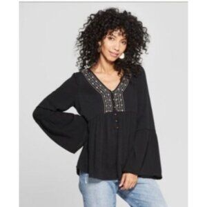 Womens Size Medium Boho Hippie Whimsigoth Grunge Embroidered Flare Sleeve Top